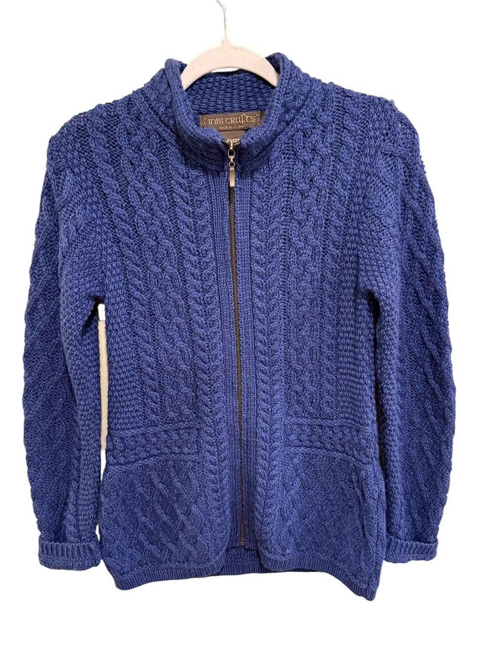 Inis Crafts Navy 100% Merino Wool Cable Knit Zipped Sweater - Made in Ireland